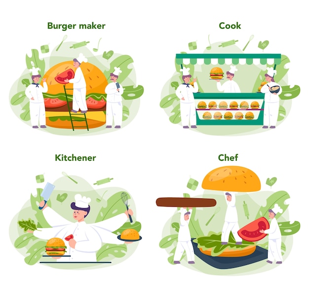 Fast food, hamburger huis concept set. chef-kok kookt smakelijke hamburger met kaas, tomaat en rundvlees tussen heerlijk broodje. fastfood restaurant.