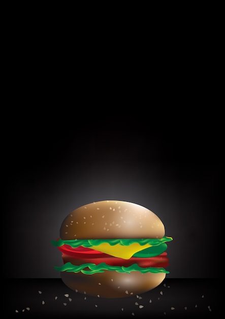 Il vettore dell'hamburger degli alimenti a rapida preparazione nell'immagine di sfondo dell'umore del tono scuro.