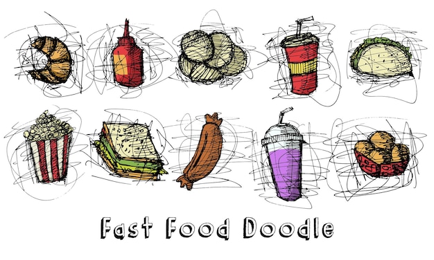 Vettore doodle del disegno a mano degli alimenti a rapida preparazione