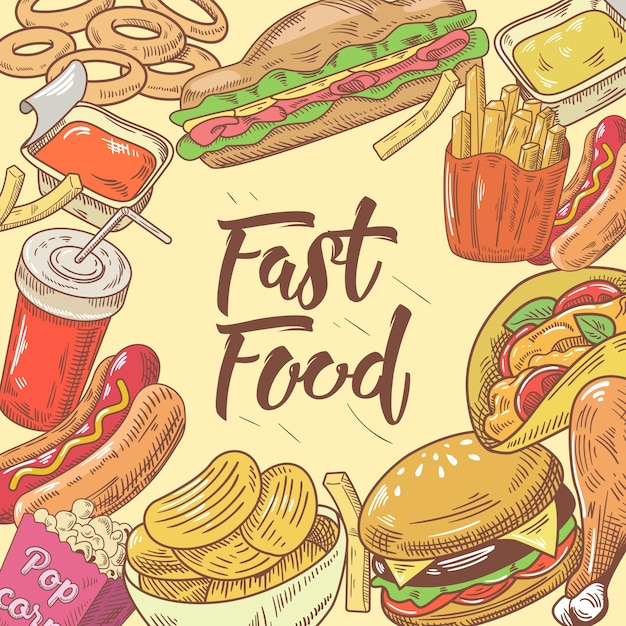 Vettore design disegnato a mano di fast food con hamburger