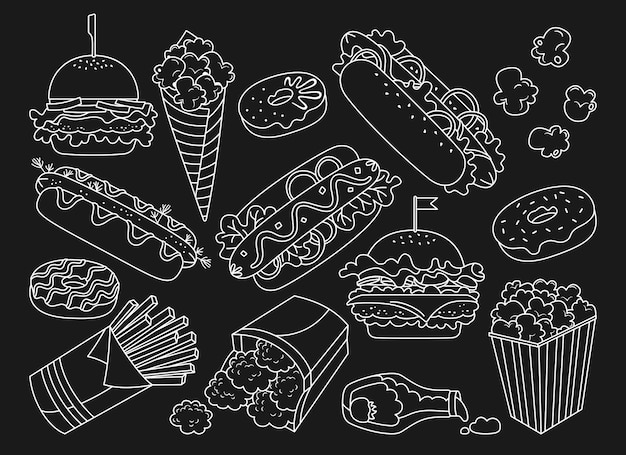 Insieme di doodle disegnato a mano di fast food ciambella hot dog hamburger patate pepite ketchup e icone di raccolta popcorn cheeseburger bevanda sfondo nero elementi di decorazione per la barra dei menu caffè