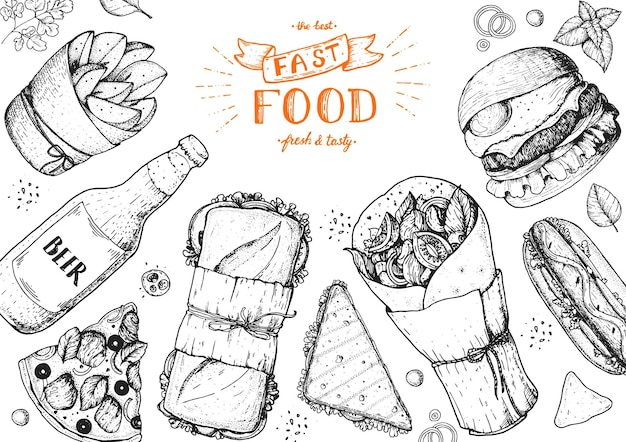 Fast food hand drawn sketch collection Vector illustration Junk food set Engraved style illustration Fast food top view frame