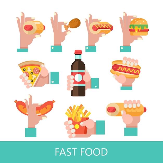 Fast food. heerlijk eten. vectorillustratie in vlakke stijl. een set van populaire fastfoodgerechten. hotdog, hamburger, taco's, worst, pizza, gebakken kip. mosterd en ketchup. drank en milkshake.