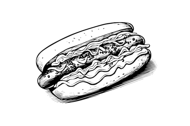 Vector fast food hot dog with sausage and sauce engraving sketch vector illustration