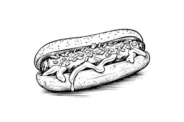 Fast food hot dog with sausage and sauce engraving sketch vector illustration