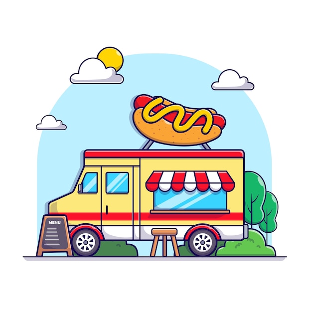 Fast food hotdog truck in the park. with big tasty hotdog, illustration cartoon white isolated