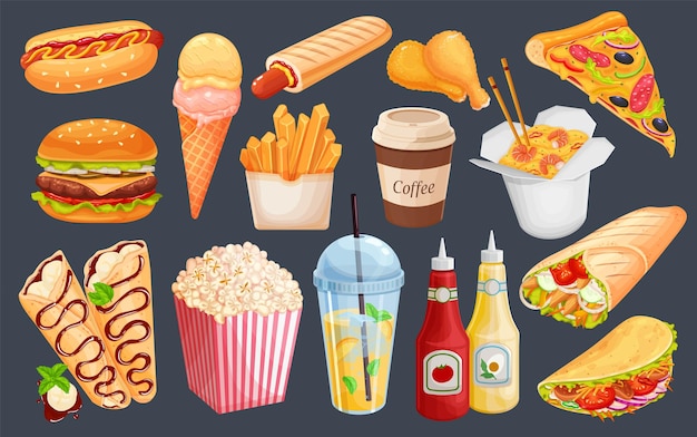 Fast food icon set. Hot dog, shawarma, pizza, crepes, hamburger, wok noodles, and others fast food for takeaway cafe design. Vector illustration.