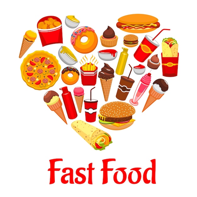 Vector fast food icons in heart shape emblem