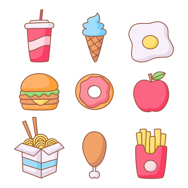 fast food icons set cartoon style isolated on white background.