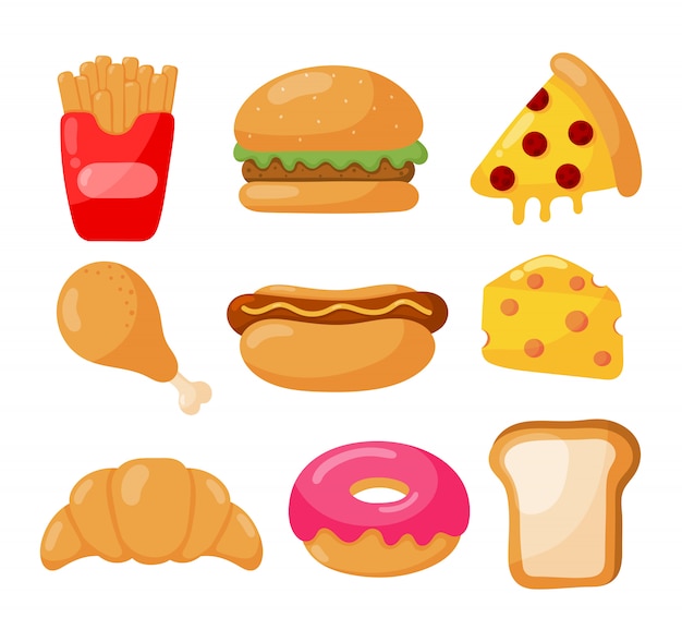 Fast food icons set cartoon style isolated