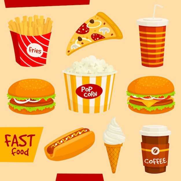 Fast food icons set. fastfood snacks and beverages isolated elements. burger, hamburger, french fries, hot dog, cheeseburger, pizza, popcorn, ice cream