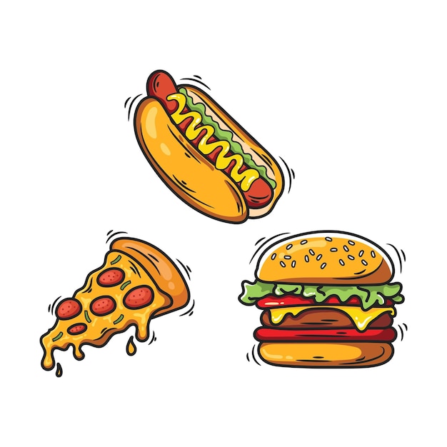 Fast food icons set Vector illustration of hamburger hot dog and pizza