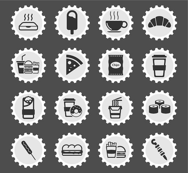 Fast food icons on stylized round postage stamps