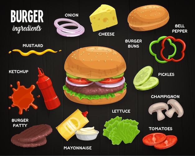 Vettore ingredienti fast food per hamburger cheeseburger