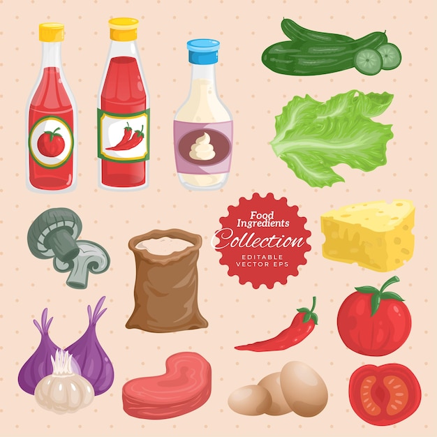 Insieme dell'illustrazione degli ingredienti degli alimenti a rapida preparazione