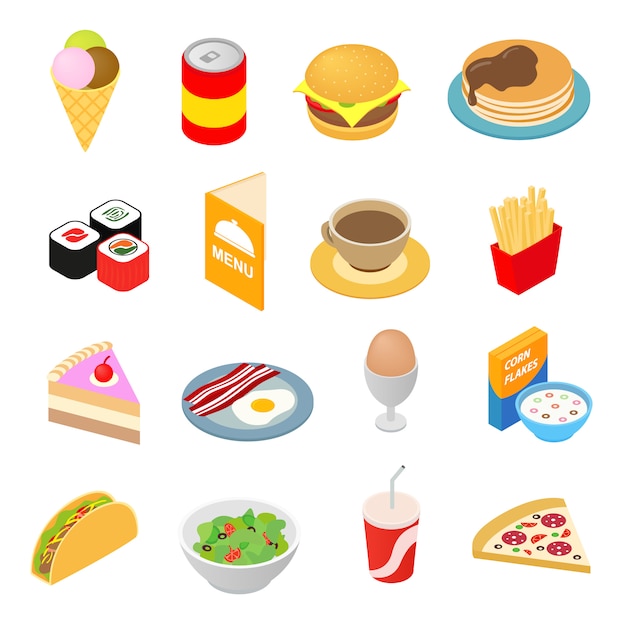 Icone isometriche 3d degli alimenti a rapida preparazione messe