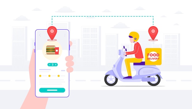 Fast food levering app en bezorger vlakke afbeelding