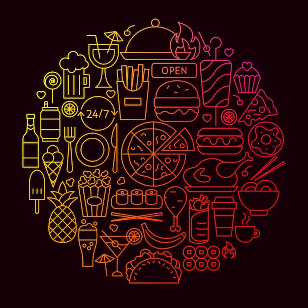 Vector fast food line icon circle concept. vector illustration of cafe objects.