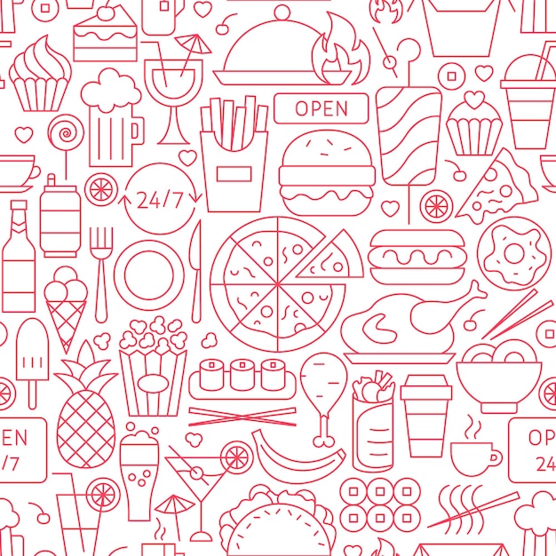 Fast Food Line Seamless Pattern. Vector Illustration of Outline Tileable Background.