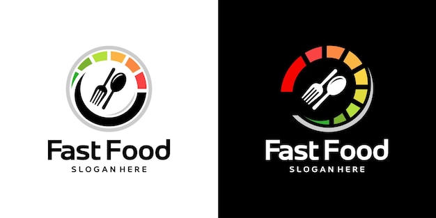 Vector fast food logo design template speed speedometer with fork spoon design graphic vector illustration symbol icon creative