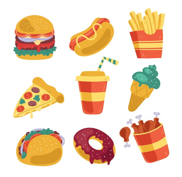 Vector fast food maaltijd grafisch ontwerp element geïsoleerde set illustratie