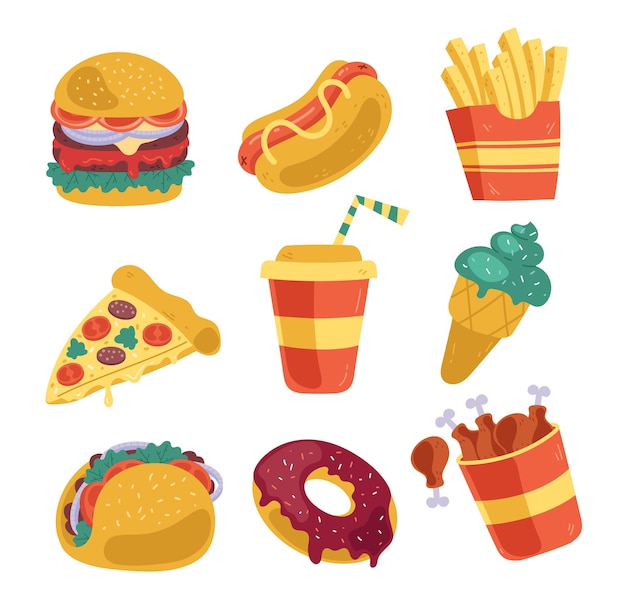 Fast food maaltijd grafisch ontwerp element geïsoleerde set illustratie