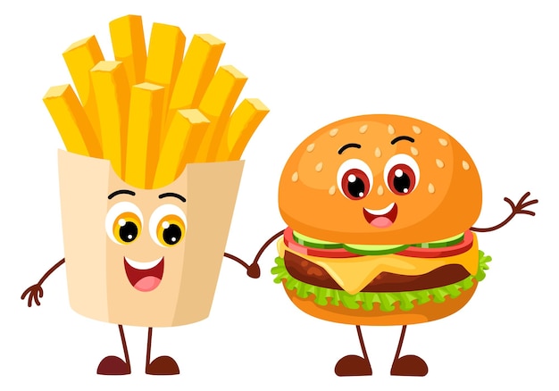 Mascotte fast food personaggi dei cartoni animati con facce felici