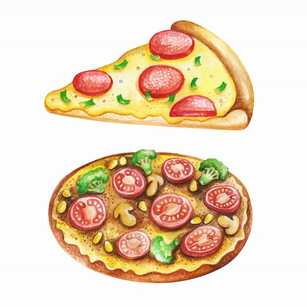 白い背景のファーストフードの食事水彩画。