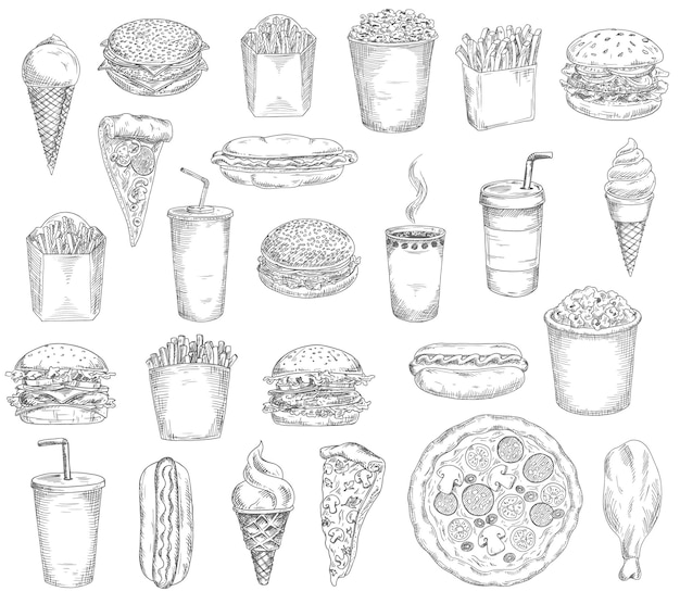 Fast food meals, drinks and snacks sketches