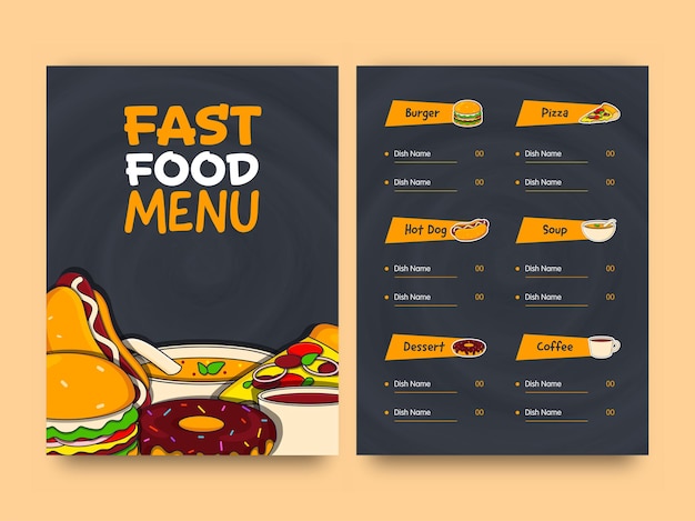 Vettore layout del modello di scheda menu fast food con doppio lato.