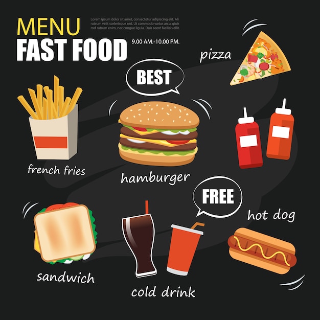 Vector fast food menu on chalkboard background flat design