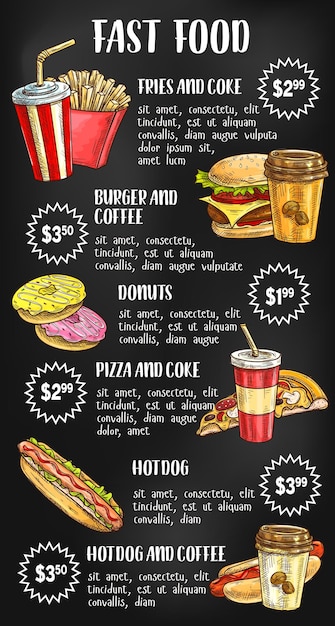 Menu fast food sul design della lavagna