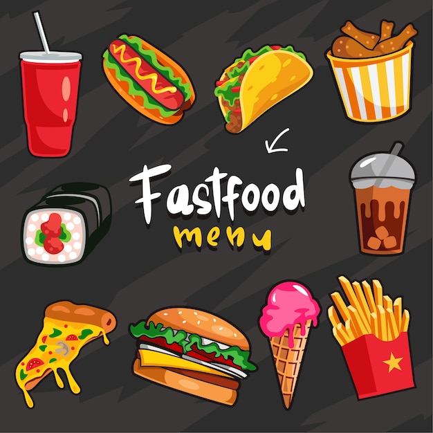 Fast-food menu-collectie met zwarte achtergrondkleur