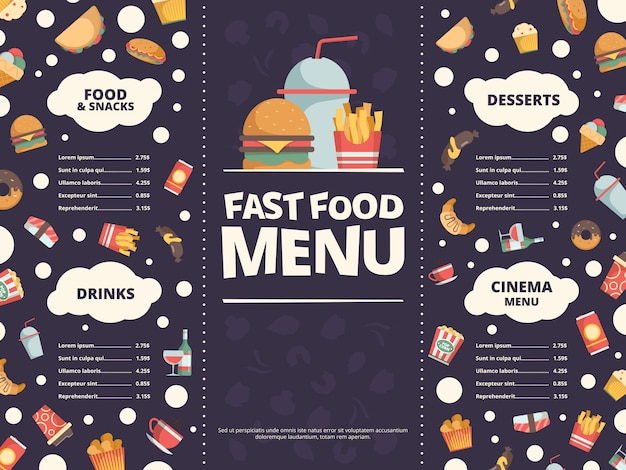 Menu di fast food. modello di progettazione del menu del ristorante con fast food immagini piatte hamburger bibite ciambelle pizza