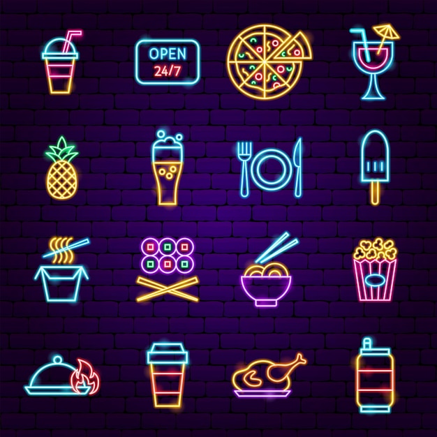 Fast food menu neon pictogrammen. vectorillustratie van straatrestaurant promotie.