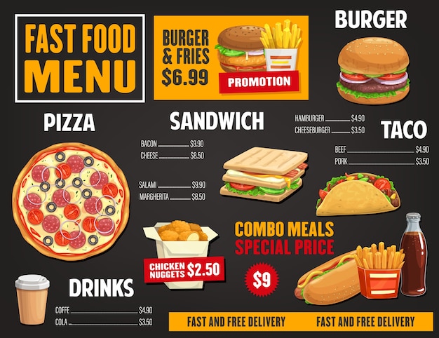 Vector fast food menu template, takeaway dishes pizza salami and margherita, sandwich with bacon and cheese.