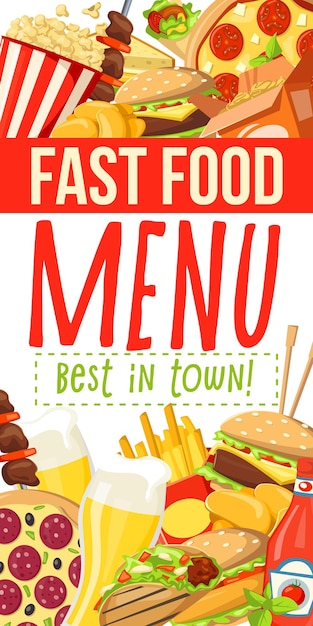 Vector fast food menu with burgers desserts and snacks