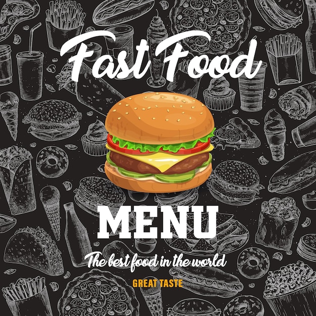 Fast food menu with cartoon burger on black chalkboard background with sketch fastfood meals. hot dog, pizza and sandwich, soda drink, french fries and tacos takeaway snacks,jjunk meals poster