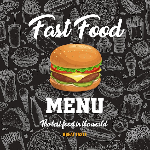 Vettore menu fast food con hamburger del fumetto su priorità bassa nera della lavagna con pasti fastfood di schizzo. hot dog, pizza e panino, bibita gassata, patatine fritte e tacos spuntini da asporto, poster di pasti spazzatura