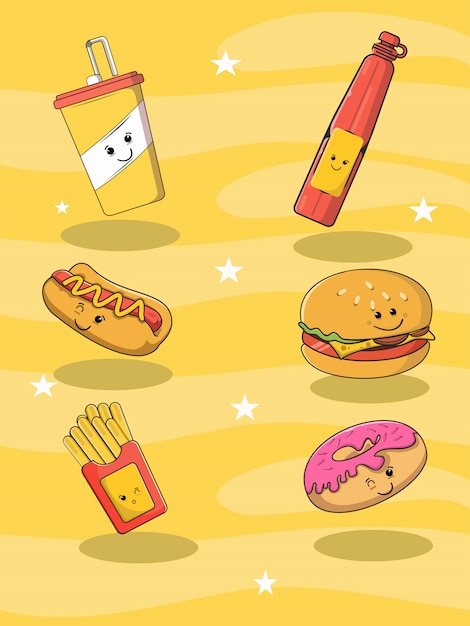 Fast food met hamburgers hotdogs drankjes frietjes pizza en desserts illustratie