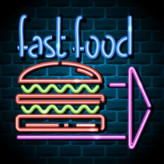 Vettore insegna pubblicitaria al neon di fast food