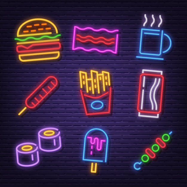 Vector fast food neon icons