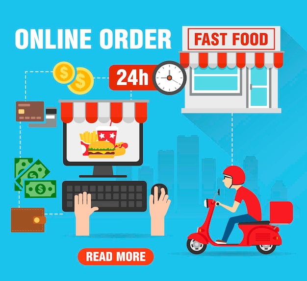 Vettore fast food online concept design piatto consegna fast food illustrazione vettoriale