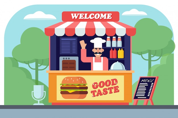 Vector fast food outdoor kiosk flat  illustration