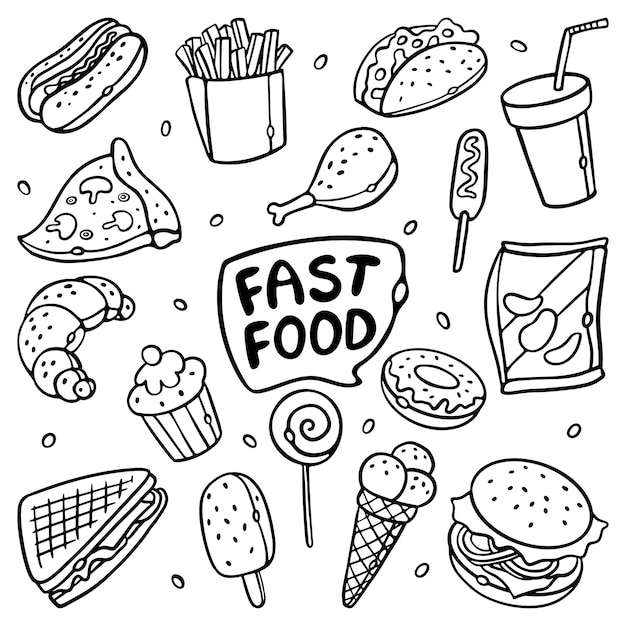 Fast food contorno doodle cartone animato set street food concept vettore premium