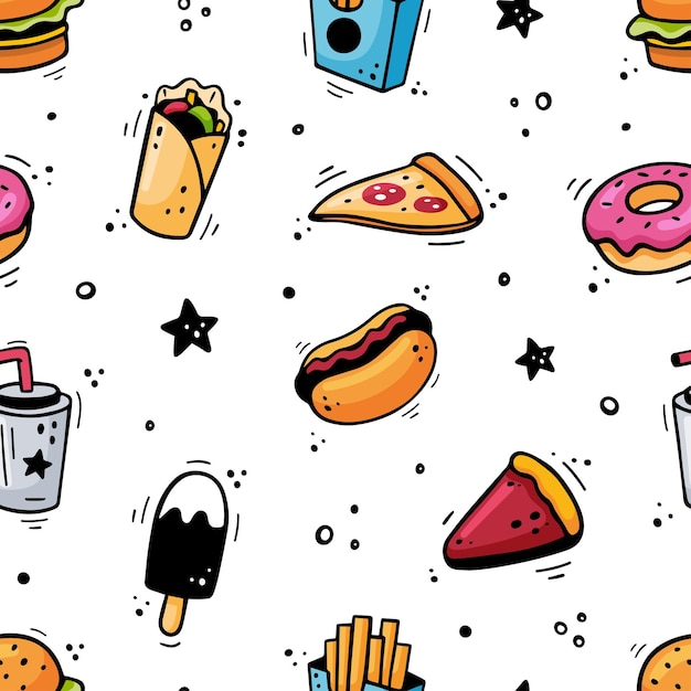 Vector fast food pattern hand drawn seamless pattern with fast food elements burger pizza hot dog donut french fries ice cream soda pie doner kebab pitta burrito comic style vector illustration