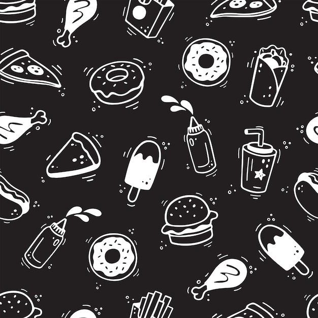 Fast food pattern Hand drawn seamless pattern with fast food elements Comic doodle sketch style Vector illustration