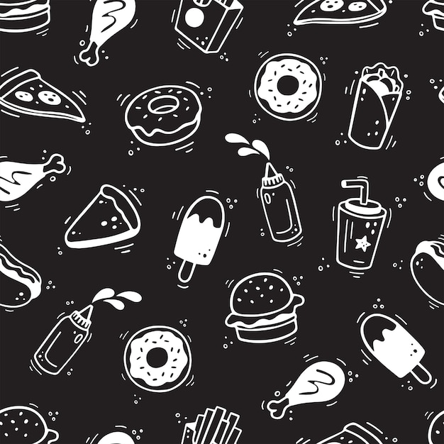 Fast food pattern hand drawn seamless pattern with fast food elements comic doodle sketch style vector illustration