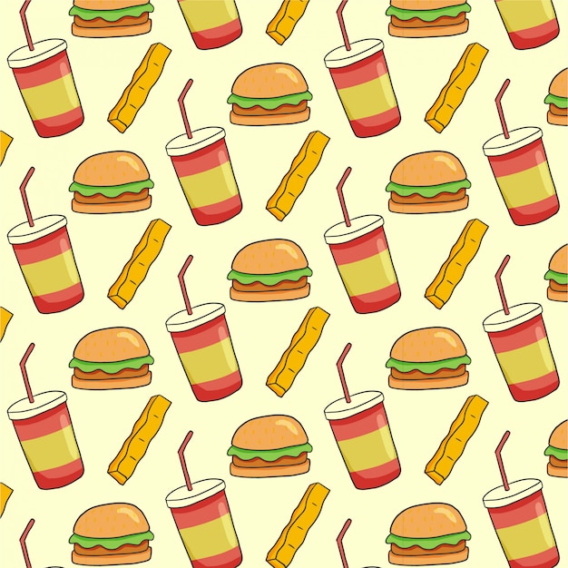 Fast food pattern with burger, french fries, and soda