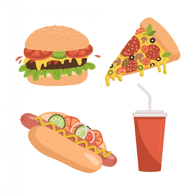 Fast food pictogramserie. bevat illustraties van pizzapunt, hamburger, hotdog en frisdrankbeker. flan hand getekend ontwerp.